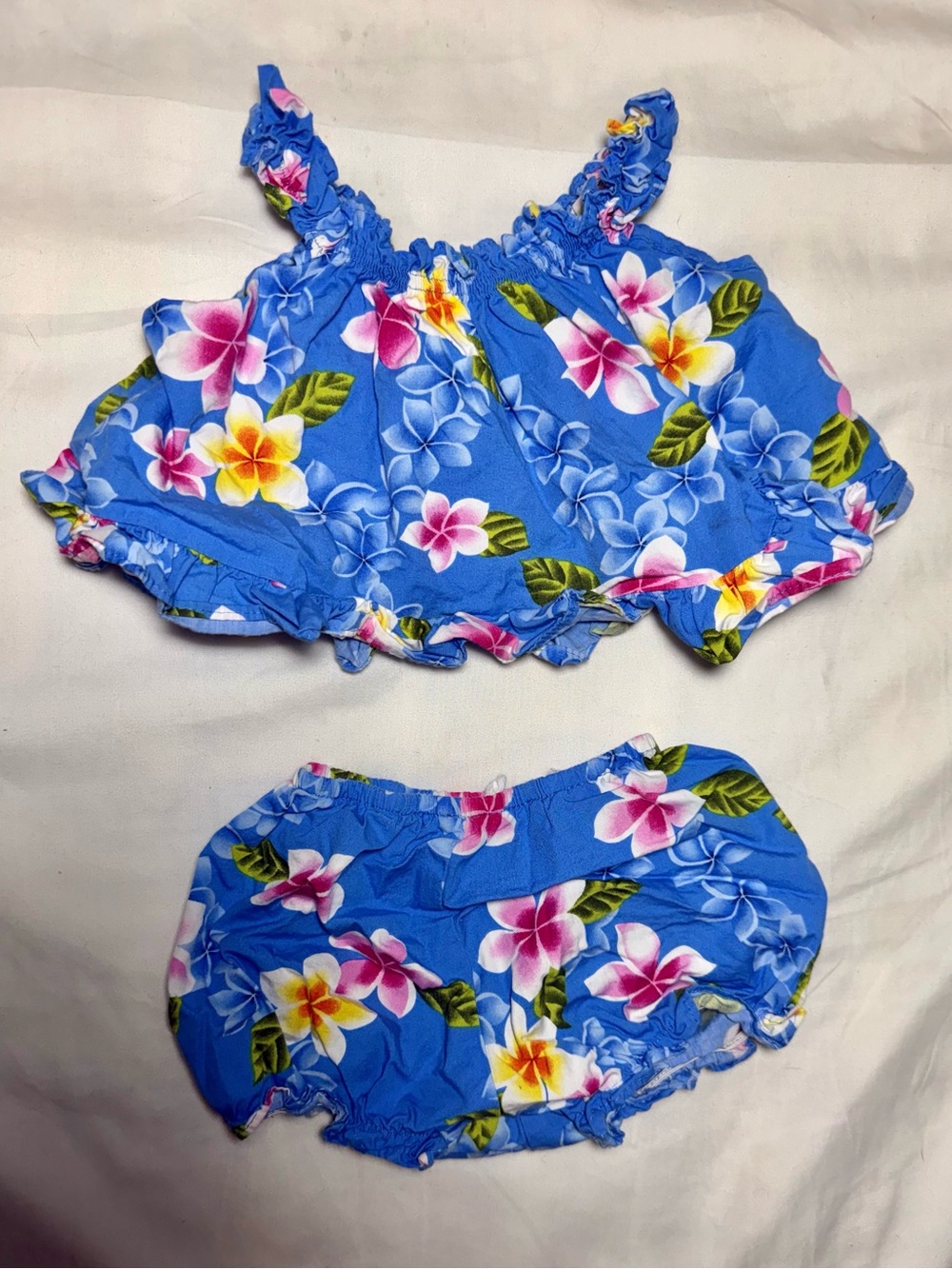 RJC Baby Girl Blue Plumeria Floral 2PC Top Bloomer Set Size 6M Made In Hawaii